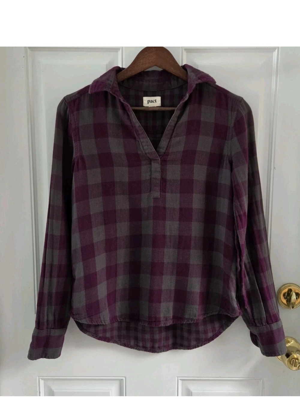 Pact Organic Cotton Purple Gray Buffalo Plaid Popover V Neck Womens Size XS